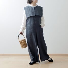 美品 liplneゆるりと大人かわいいサロペットワイドパンツ-リネン/ブラック ゆるりと大人かわいいサロペットワイドパンツ-リネン/ブラック