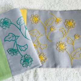 花刺繍のブックカバー（単行本・ハードカバーサイズ）ミント・エッグイエロー