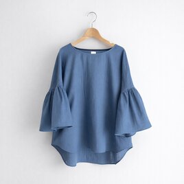 ギャザー袖 クルーネック 7分袖プルオーバー｜オーガニック綿100%ダブルガーゼ_ Vintage Blue