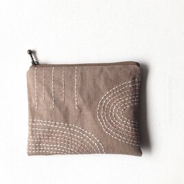 カフェオレ色の キャンバス生地の刺し子ミニポーチ