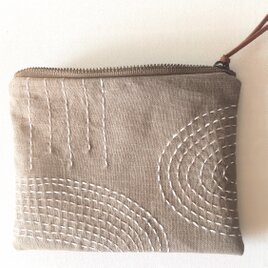 カフェオレ色   刺し子ミニポーチ