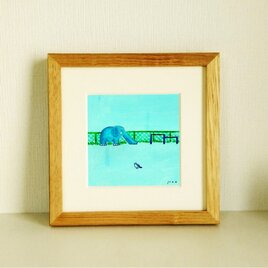 水彩画 家族連れの風景画 木製フレーム付き 水彩画 家族連れの風景画 木製フレーム付き