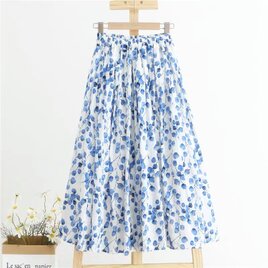 青色 裏地付き ギャザースカート ロングスカート ゴム仕様