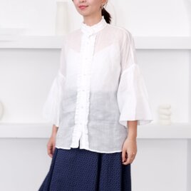 :::ハンドメイド　リネン くすみピスタチオ　ピンタックシャツ　チュニック丈 ::: 薄手 リネン ピンタック フリル シャツ ブラウス リトアニア リネン100