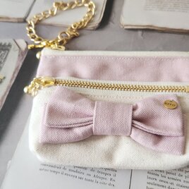 リボンが可愛い小さなダブルファスナーポーチ