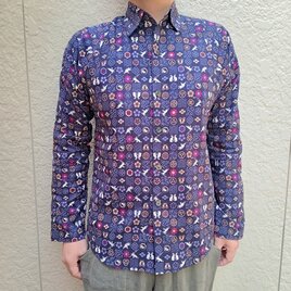 着物リメイク/大島紬と龍郷柄でメンズシャツ　　L〜LLサイズ 長袖和柄シャツ（大島紬風-龍郷柄-）青赤 | iichi 日々の暮らし