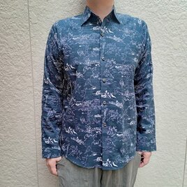 着物リメイク/大島紬と龍郷柄でメンズシャツ　　L〜LLサイズ 着物シャツ 水色・龍郷 花柄 大島紬 XL23-38｜FAR EAST FABRIC