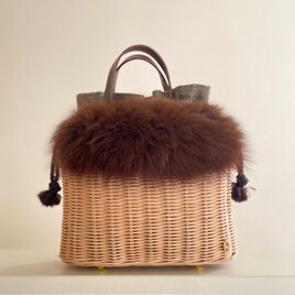 【1点在庫あり】手編みの籐かごバッグ/Megg  Bag panier/取り外せるファー付き/ブラウン/ かごバッグ
