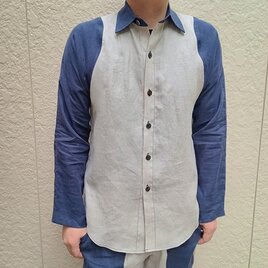 長袖麻シャツ（生成り×ナス紺）