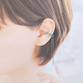 〈痛くない〉〜2way〜ターコイズブルー×チェーンイヤーカフ・イヤリング・フェイクピアス・ノンホールピアス(片耳用)(調節可能)