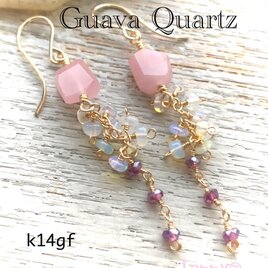 14kgf グァバクォーツとガーネットのロングピアス
