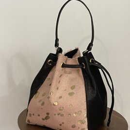 本革　ファー巾着ショルダーバッグ　ピンク