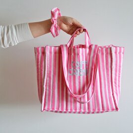 新作！2点限定！キルティングトートバッグ　ハンドブロックプリント　シュシュ付き♪ rosé（ロゼ）インド綿