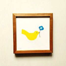 原画「青い花と鳥」※木製額縁入り（18㎝角）インテリアアート・イラスト・北欧・送料無料