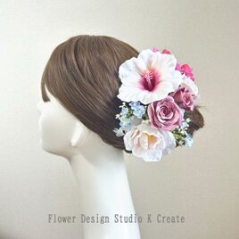 ハイビスカスと紫陽花のヘッドドレス　リゾ婚　沖縄挙式　ハワイ挙式　グアム挙式　薔薇　ウェディング　リゾ婚　髪飾り　ハイビスカス