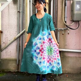 タイダイ染め Tシャツ XLサイズ 曼荼羅 ブルー×ピンク ムラ染め