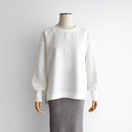 衿リブクルーネック 袖口リブ ふんわり袖の長袖プルオーバー｜リネン100%_White