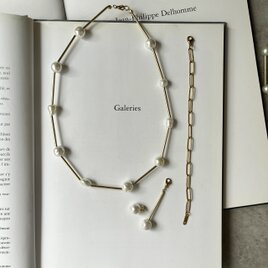 ガラス パール ＆ チューブ ネックレス と ステンレス ブレスレット の セット バロック