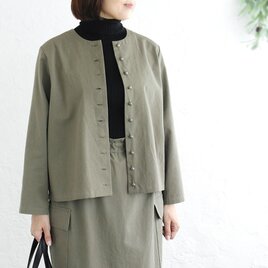 品よく羽織れる大人の一枚✦ 東炊きコットンツイル ノーカラージャケット（オリーブ）CO13✦セットアップ可
