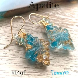 14kgf アパタイト×クリスタル×金箔　トリプレットストーンピアス