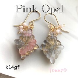 14kgf ピンクオパール×クリスタル×金箔　トリプレットストーンピアス