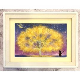 ふわふわ黄色の木と黒猫｜キラキラ光るアート｜和紙ちぎり絵 原画