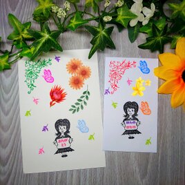 消しゴムはんこ「女の子メモ枠・フラワーフレーム・蝶々・葉」4個