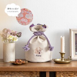 うちの子 犬刺繍 猫刺繍｜虹の橋メモリアル 骨壺袋 骨壺巾着 骨壺カバー 表リネン+裏西陣織金襴生地／梅【送料無料】