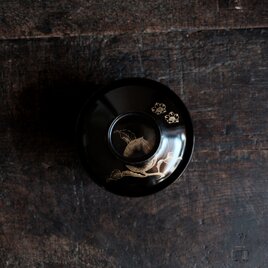 桃と花◆古輪島塗 漆芸黒塗沈金蓋付碗 漆器 骨董・antiques 古民家 明治〜大正期 個体B