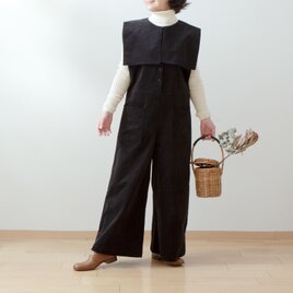 ゆるりと大人かわいいサロペットワイドパンツ-リネン/ブラック | iichi