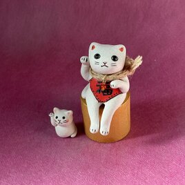 陶器【ちいさな招き猫セット】腹掛けしろねこさんと猫だるまさん