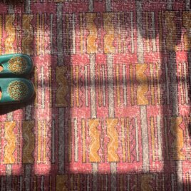 トルコヴィンテージラグ　213×117 レア　ジオメタリック　レトロピンク　 手織り カーペット ヴィンテージ トライバルラグ