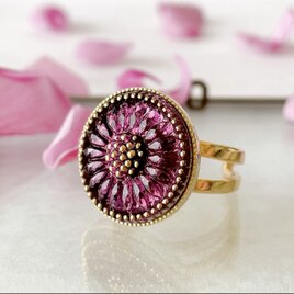 深紫のチェコガラスボタンリング｜花モチーフ・上品なパープルアクセサリー