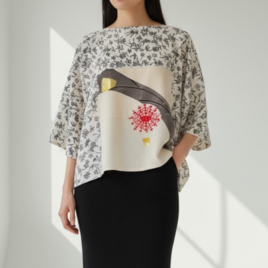 スクエアブラウス【送料込み】着物リメイク　七分袖　ホワイト