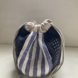 コロンとした巾着袋　blue stripe