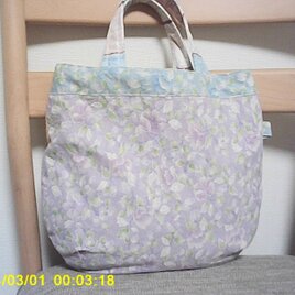 綿麻オック生地花柄３色＊壁柄コットン生地＊リバーシプル＊くったりマル底手提げ