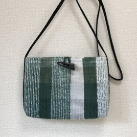 裂き織り　縞グリーンのお散歩ポシェット
