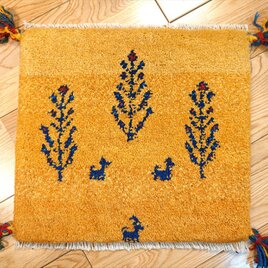 ペルシャ　ギャッベ　ミニマット　横41x37㎝　生命の木　ヤギ　羊　黄金色　T7818