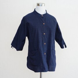 木綿 縞模様 バンドカラー ブラウス／袖紐付き・裾ポケット