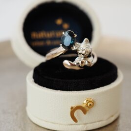 K10 ブルーグリーンサファイア 猫リング 11号