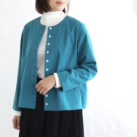 品よく羽織れる大人の一枚✦ 東炊きコットンツイル ノーカラージャケット（ターコイズ）CO13✦セットアップ可