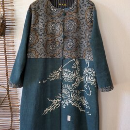 古布リメイク　家紋緑藍染＋型染一重コート　藍染　型染　刺し子　時々堂　ゆったりサイズ　着物リメイク