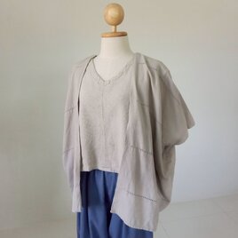 手織りオープンフロントカーディガン / グレー 透かし模様 / 草木染めコットン