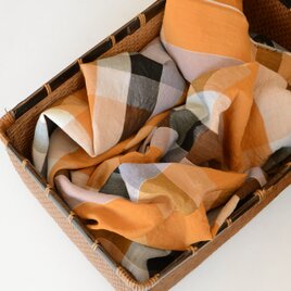 古布 布団皮 木綿 格子模様 昭和中期 – 山吹色 ジャパンヴィンテージ – ファブリック ハンドメイド・リメイク素材