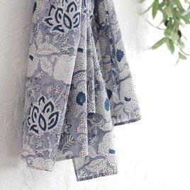 木版染め ブロックプリント フリークロス マルチカバー （ボタニカル/ブルーグレー）