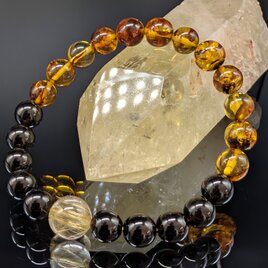 【金運・健康・最強守護】ゴールドルチルクォーツ・アンバー・モリオン・8mm(親玉10mm)ブレスレット