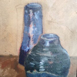 二個青色な花瓶。油絵。