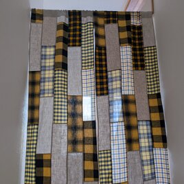 秋冬♥️あったかロングのれん❤マスタードイエローチェック＆リネン無地❤細長パッチワーク❤✭83✕175✭