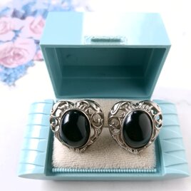 matte silver openwork  art nouveau heart black ヴィンテージイヤリング