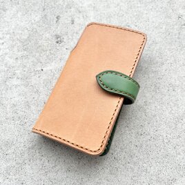 iPhone & android 手帳型　レザーケース　　ナチュラル×グリーン カードポケット1枚仕様